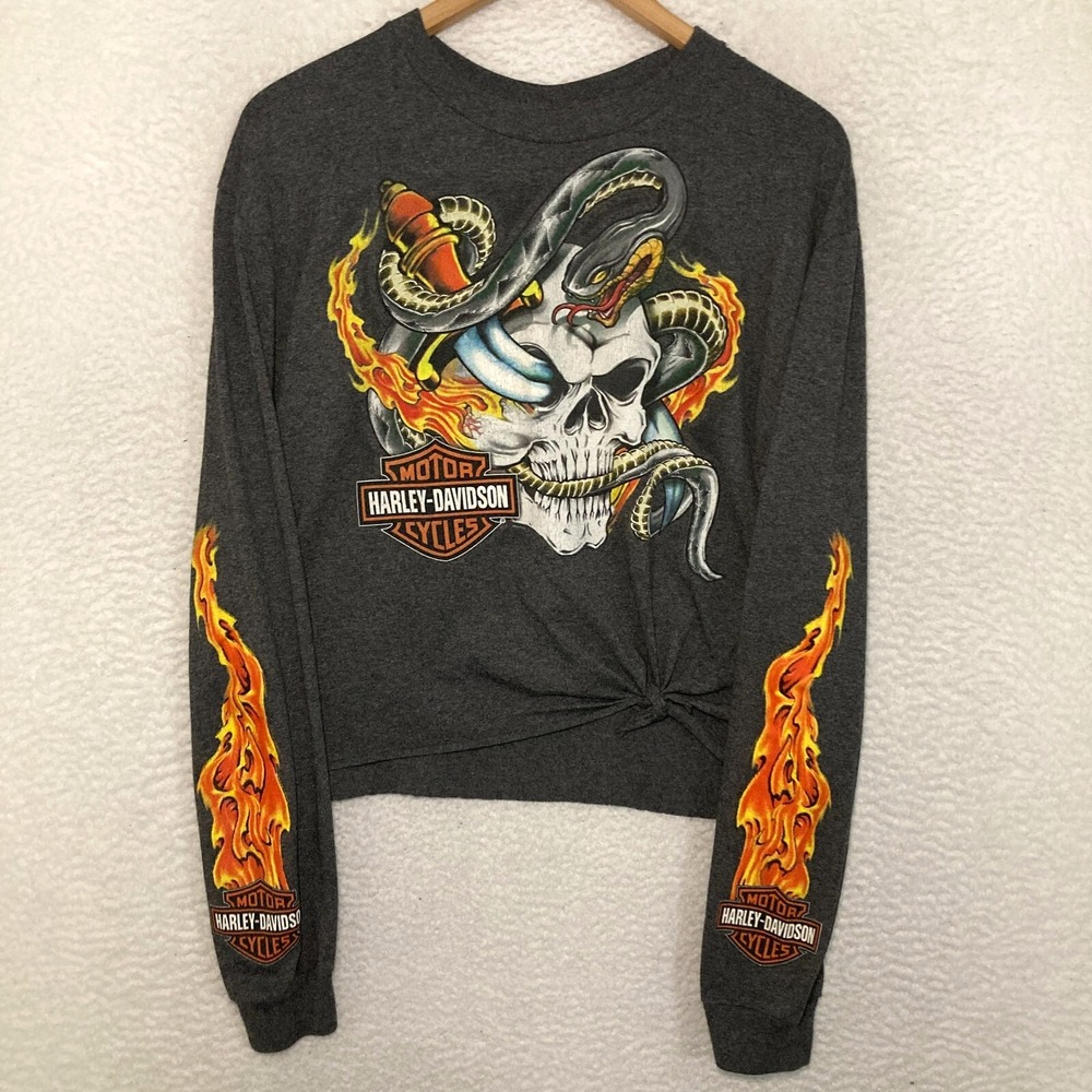 Harley Davidson Shirt Women L Biker Skull Flames Snake Side Knot Savannah GA Tee